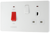 PCDCL70W Front - This Evolve pearlescent white 45A cooker control unit from British General includes a 13A socket for an additional appliance outlet, and has flush LED indicators above the socket and switch.