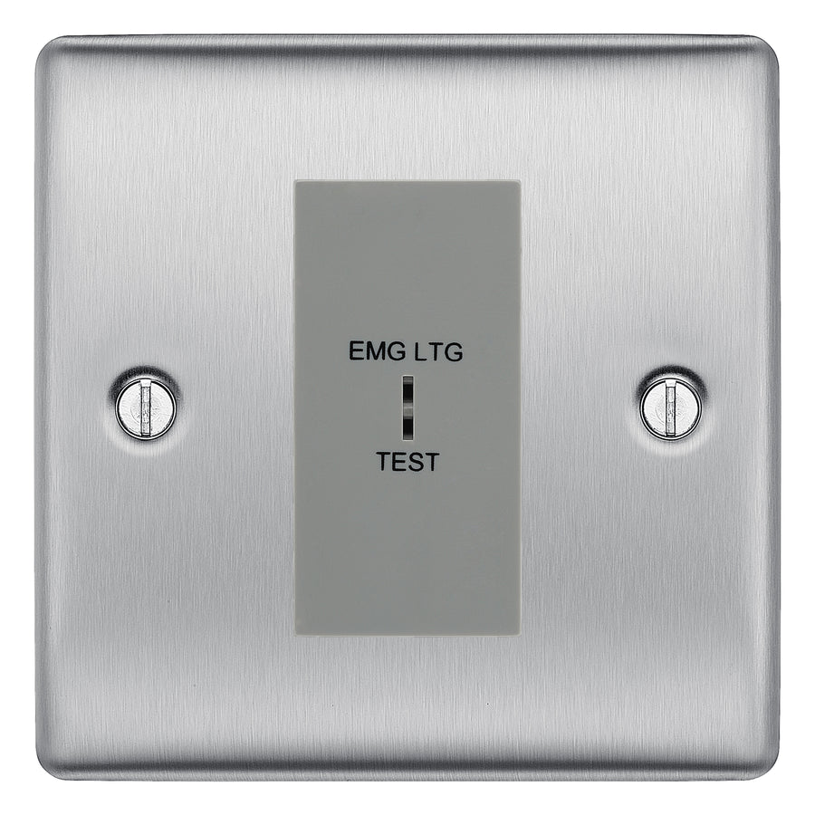 BG Nexus Metal Brushed Steel 20AX 2 Way Emergency Lighting Test Key Switch - Grey Insert