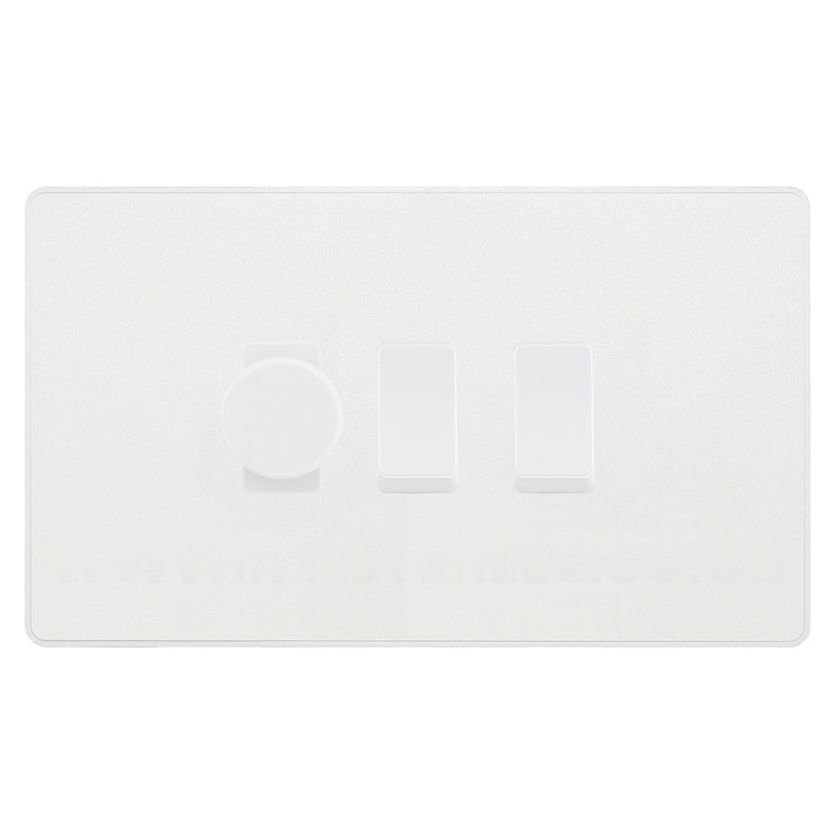 BG Evolve Pearlescent White 3 Gang Switch 1x Trailing Edge LED Dimmer 2x Intermediate Custom Grid Switch