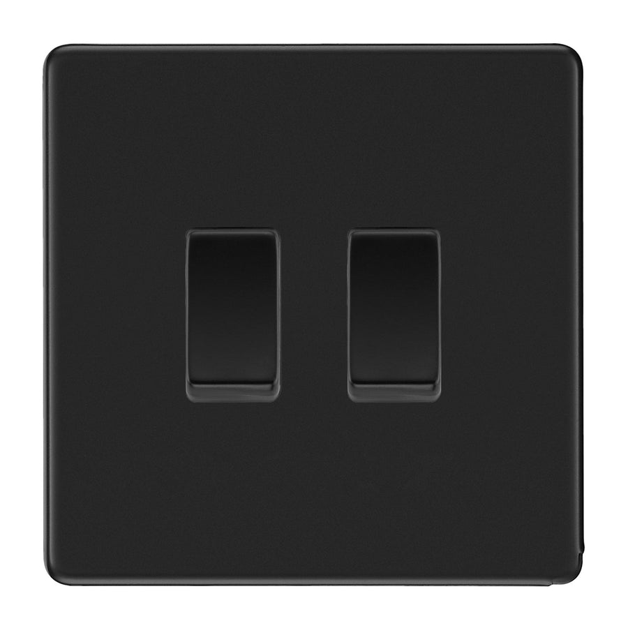 BG Screwless Matt Black 2 Gang Switch 1x Intermediate 1x 2 Way Grid Light Switch