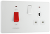 PCDCL70W Front - This Evolve pearlescent white 45A cooker control unit from British General includes a 13A socket for an additional appliance outlet, and has flush LED indicators above the socket and switch.