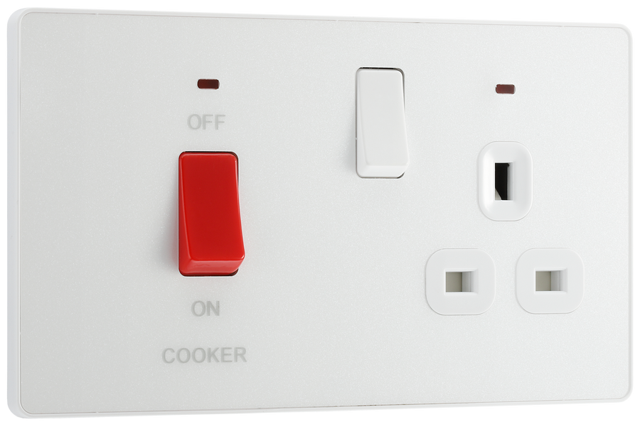 PCDCL70W Front - This Evolve pearlescent white 45A cooker control unit from British General includes a 13A socket for an additional appliance outlet, and has flush LED indicators above the socket and switch.