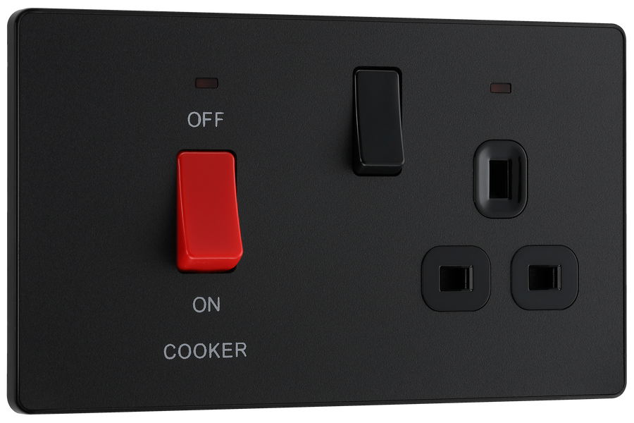 PCDMB70B Front - This Evolve Matt Black 45A cooker control unit from British General includes a 13A socket for an additional appliance outlet, and has flush LED indicators above the socket and switch.