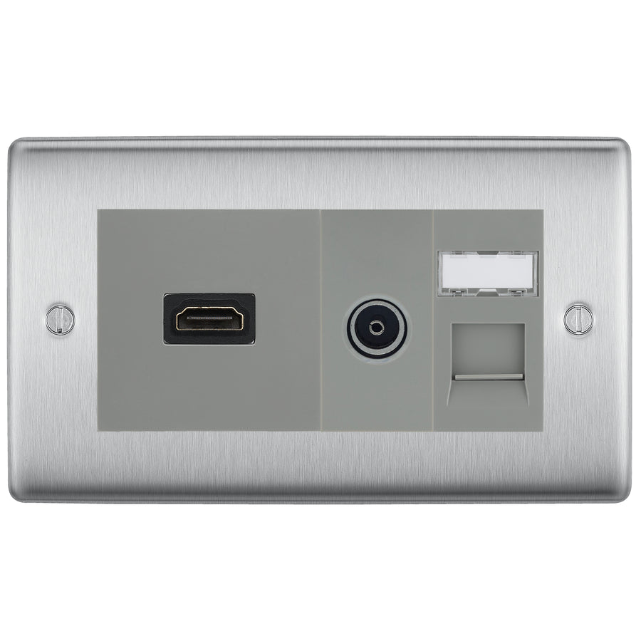 BG Nexus Brushed Steel Media Wall Plate TV Aerial, HDMI & CAT6 Outlet - Grey Insert