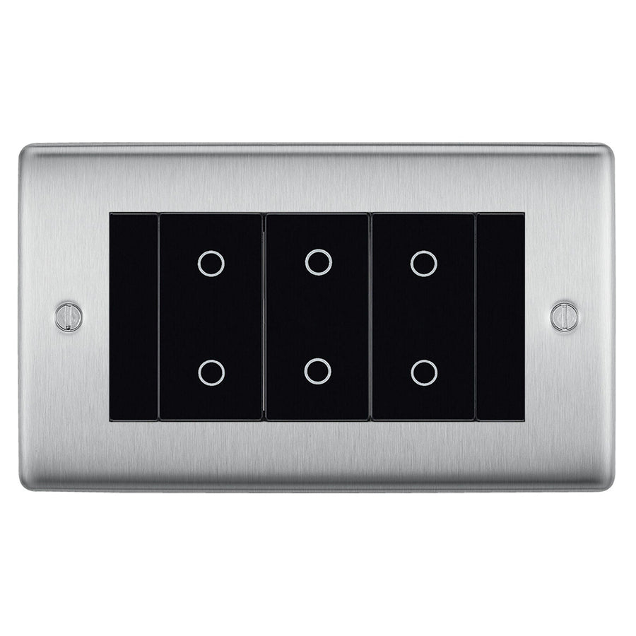 BG Nexus Brushed Steel Triple Secondary Touch Dimmer Switch Black Inserts NBSTDS3B