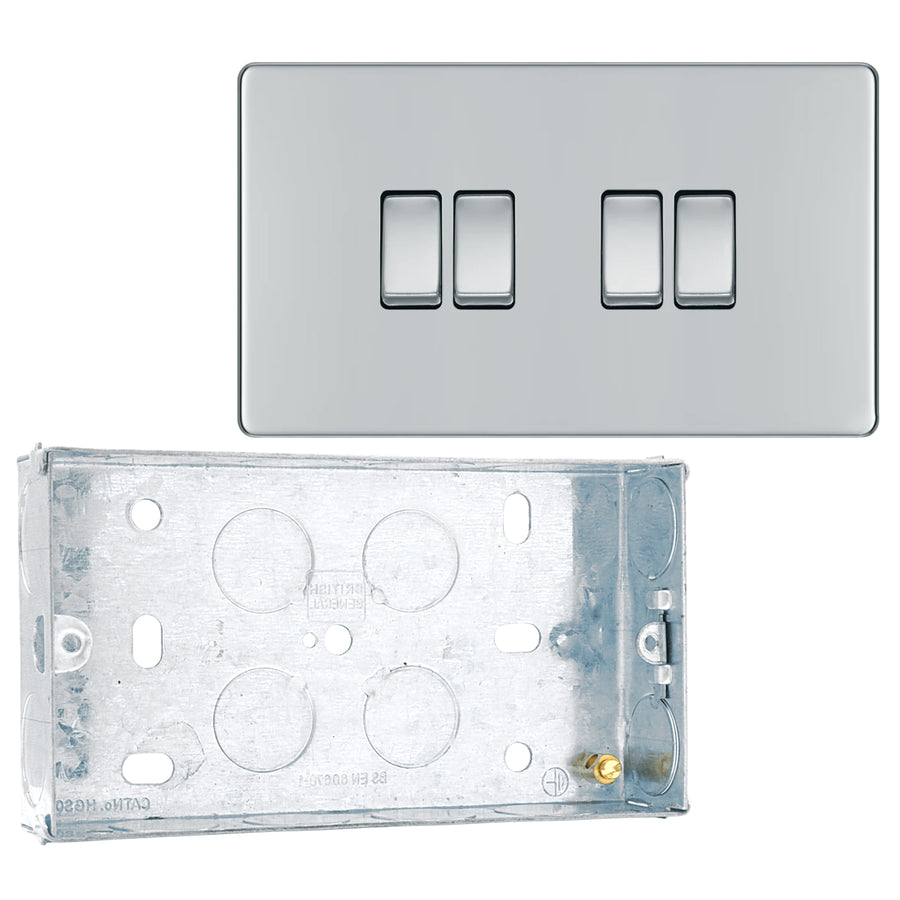 BG Screwless Polished Chrome 20A 16AX 2 Way Quadruple Light Switch FPC44 with 25mm Steel Back Box