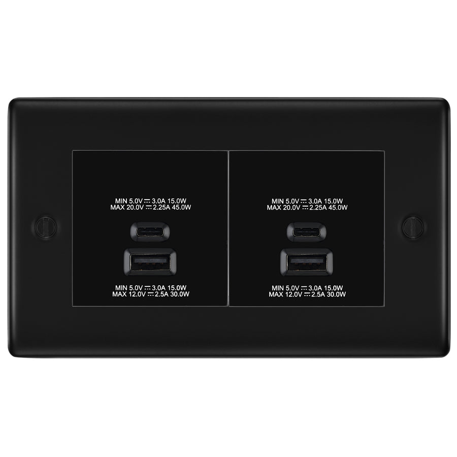 BG Nexus Matt Black 4 Gang Faceplate with 45W USB A+C Charger Modules
