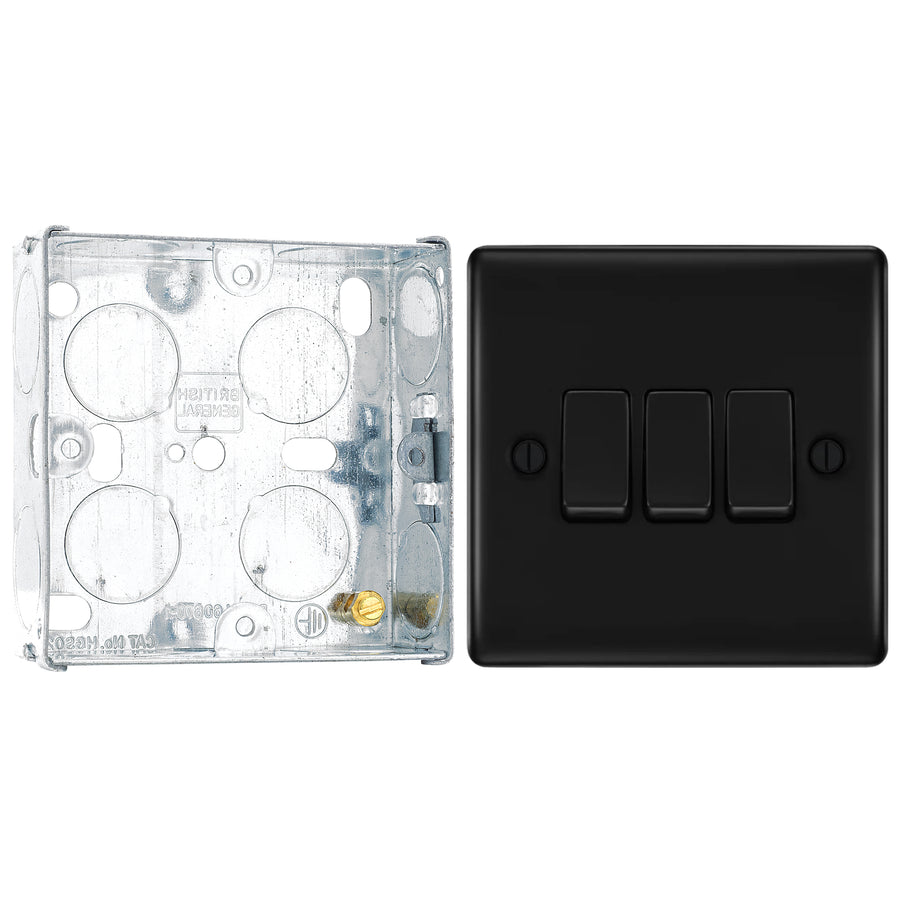 BG Nexus Matt Black 20A 16AX 2 Way Triple Light Switch NFB43 with 25mm Steel Back Box