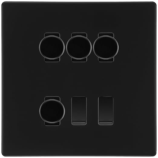 BG Screwless Matt Black 6 Gang Light Switch 4x Trailing Edge LED Dimmer, 1x Intermediate, 1x 2-Way Switch