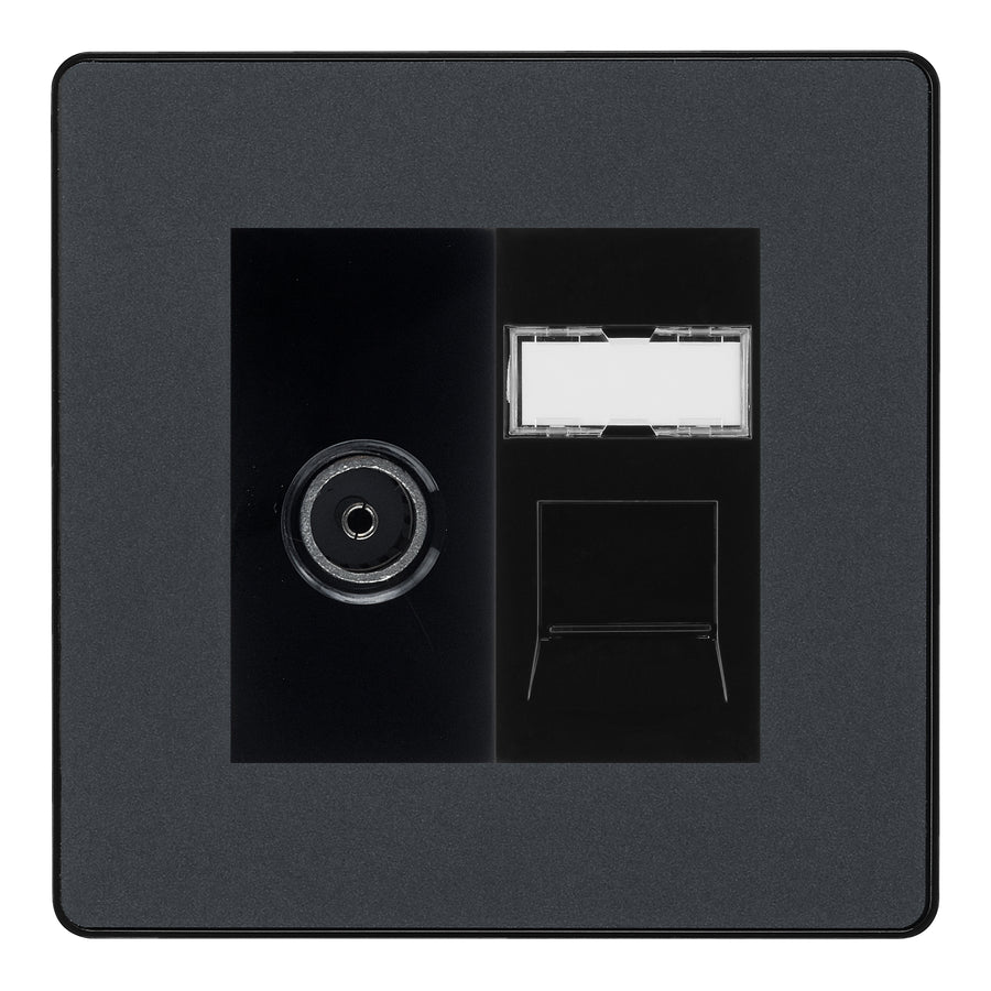 BG Evolve Matt Grey TV Aerial & RJ45 CAT6 Data Socket - Black Insert