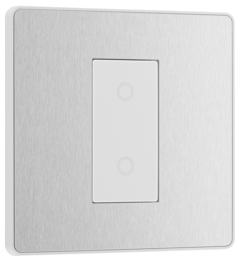 PCDBSTDM1W Front - This Evolve Brushed Steel single master trailing edge touch dimmer allows you to control your light levels and set the mood.