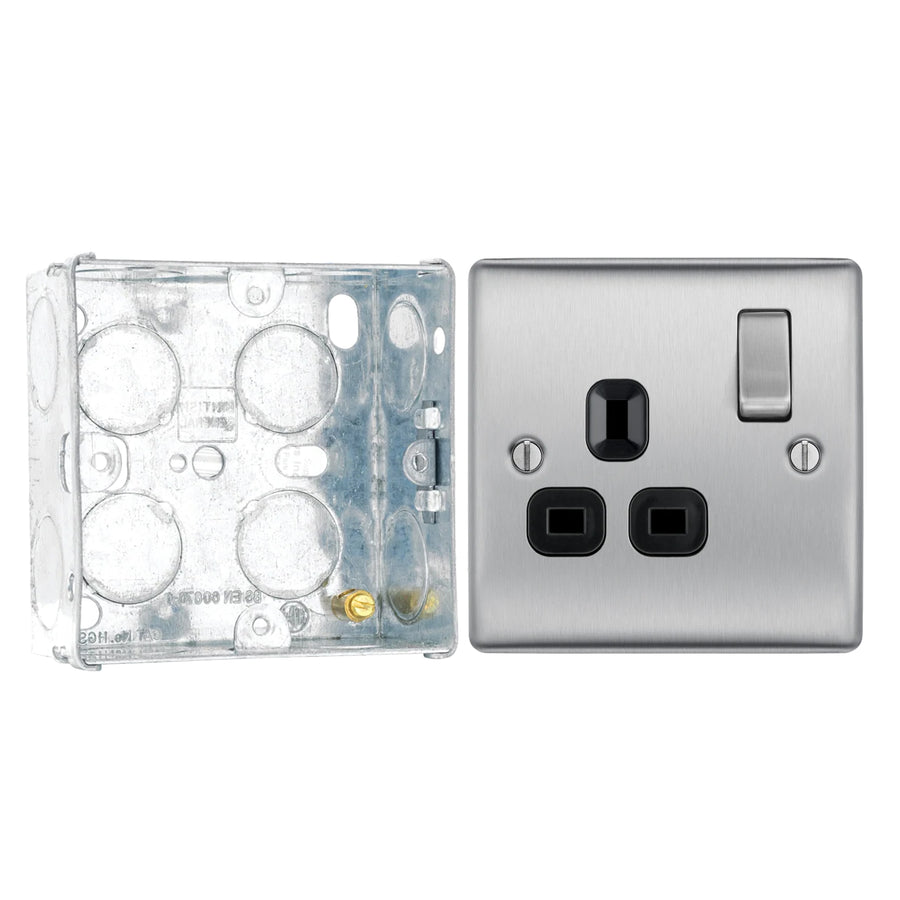 BG Nexus Metal Brushed Steel 13A Single Switched Socket NBS21B with 35mm Steel Back Box