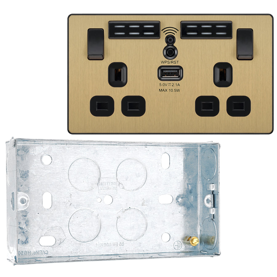 BG Evolve Satin Brass Double USB Socket with WiFi Extender PCDSB22UWRB with 25mm Steel Back Box