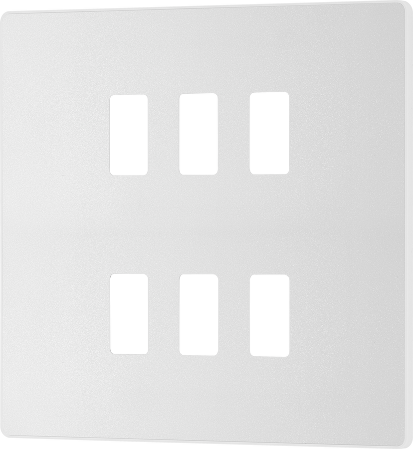 RPCDCL6W Front - The Grid modular range from British General allows you to build your own module configuration with a variety of combinations and finishes. This pearlescent white finish Evolve front plate clips on for a seamless finish, and can accommodate 6 Grid modules - ideal for commercial applications.