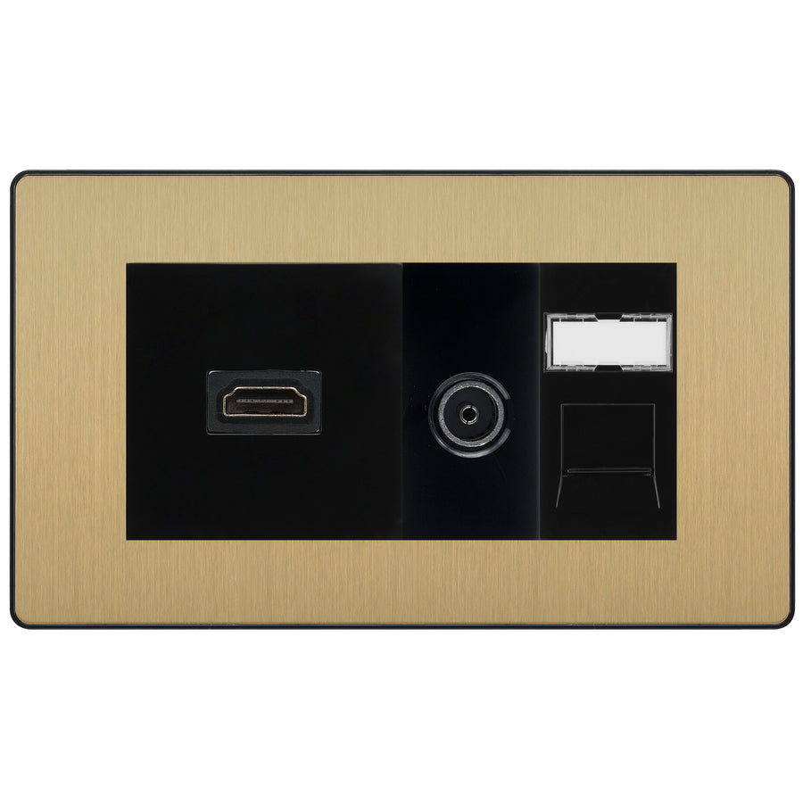 BG Evolve Media Wall Plate — TV Aerial, HDMI & CAT6 | Satin Brass Screwless