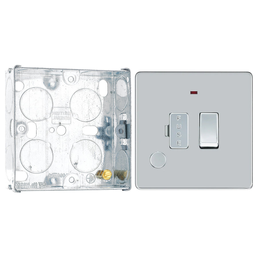 BG Screwless Polished Chrome 13A Switched Spur + Neon + Cable Outlet FPC53 with 25mm Steel Back Box