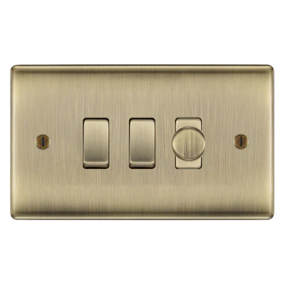 BG Nexus Antique Brass 3 Gang Switch 1x Trailing Edge LED Dimmer 2x Intermediate Custom Grid Switch