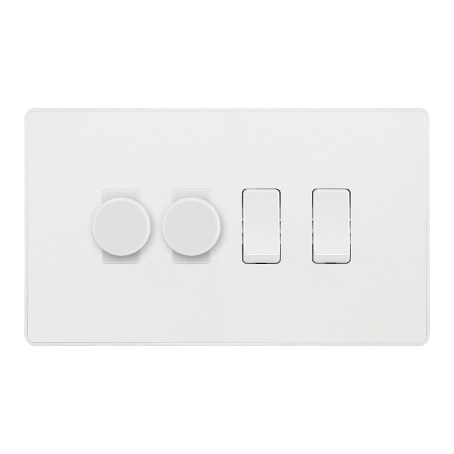 BG Evolve Pearlescent White 4 Gang Light Switch 2x Trailing Edge LED Dimmer 2x 2 Way Custom Switch