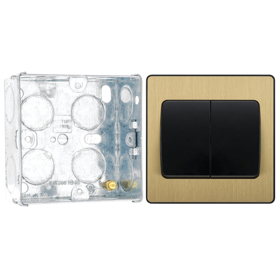 BG Evolve Satin Brass 2G Wide Rocker Light Switch PCDSB42WB with 35mm Steel Back Box