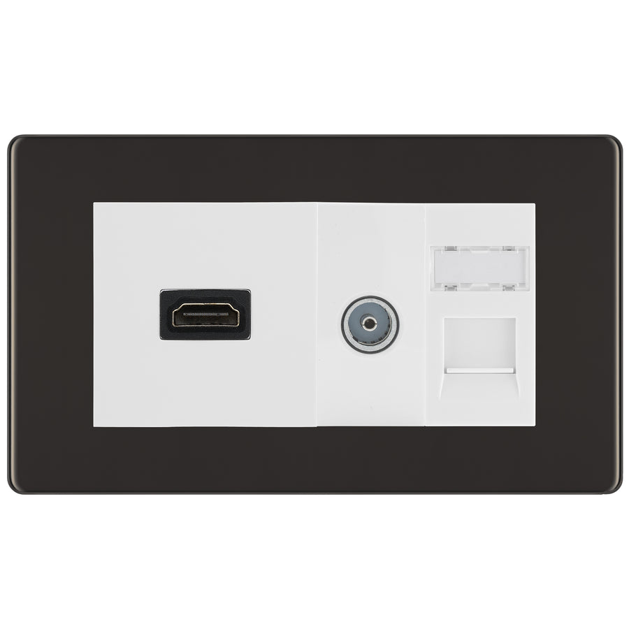 BG Screwless Black Nickel Media Wall Plate TV Aerial, HDMI & CAT6 Outlet – White Insert