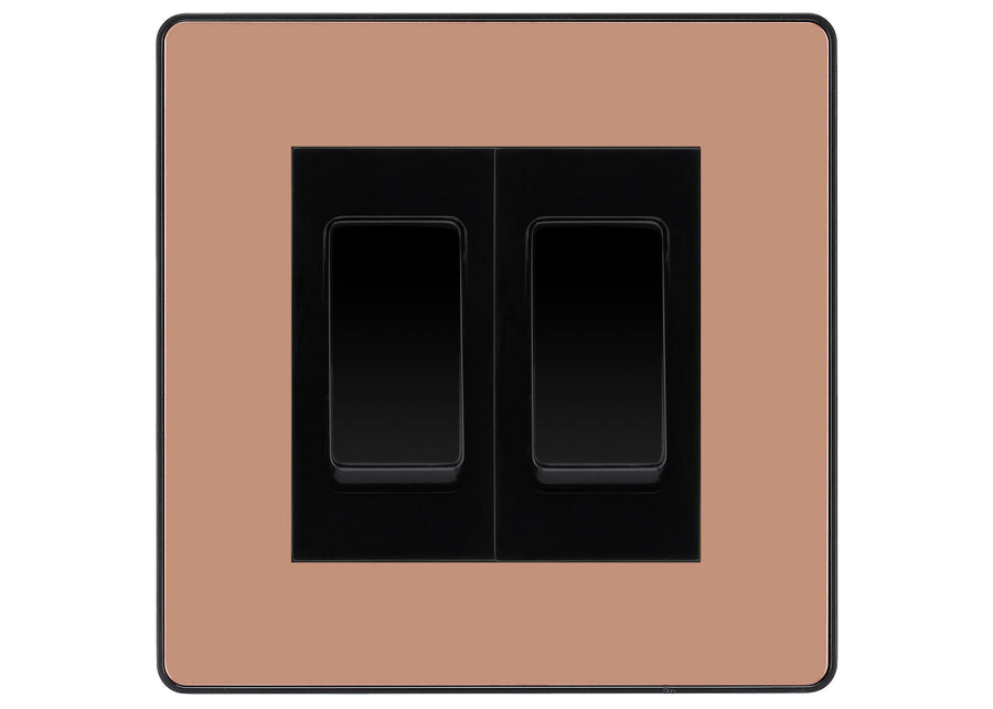 BG Electrical Evolve Polished Copper 2-Gang Light Switch 1x 2-Way + 1x Intermediate – Black Inserts