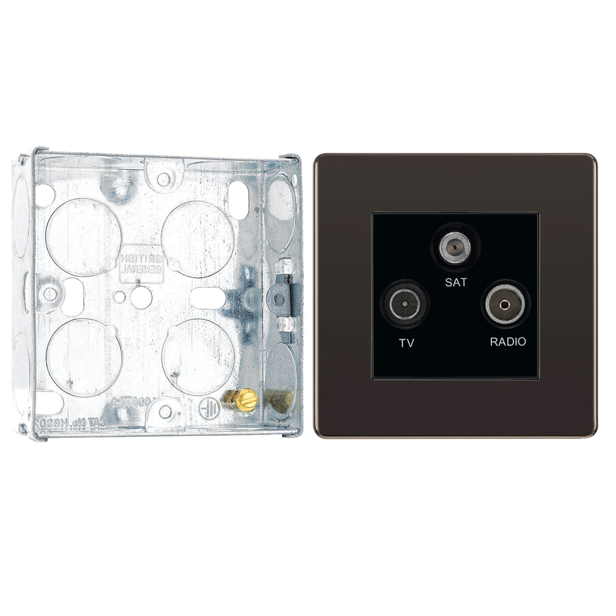 BG Screwless Black Nickel TV/FM Satellite Triplex FBN67 with 25mm Steel Back Box