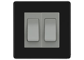 BG Electrical Screwless Matt Black 2-Gang Light Switch 1x 2-Way + 1x Intermediate – Grey Inserts
