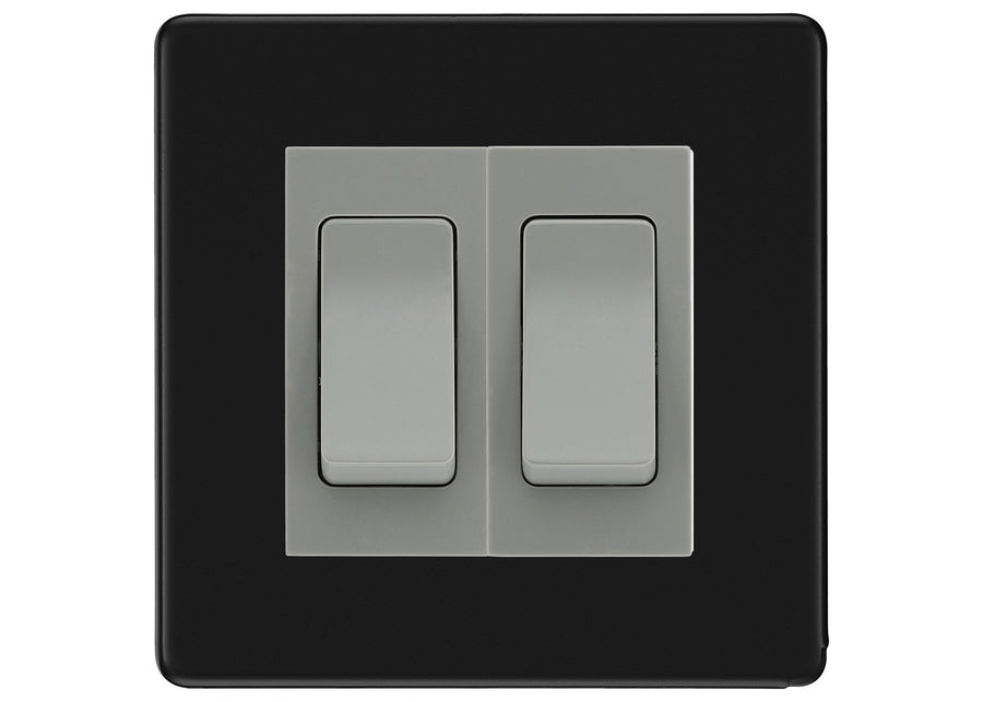 BG Electrical Screwless Matt Black 2-Gang Light Switch 1x 2-Way + 1x Intermediate – Grey Inserts