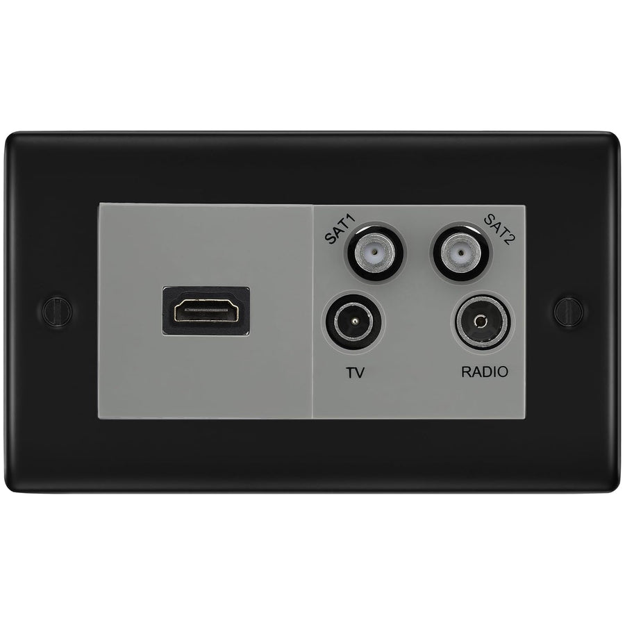 BG Nexus Matt Black 4G Faceplate with HDMI + TV/FM/SAT Module - Grey Insert