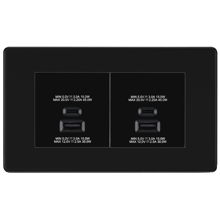 BG Screwless Matt Black 4G Faceplate with 45W USB A+C Charger Modules – Black Insert