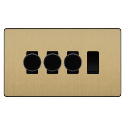 BG Evolve Satin Brass 4 Gang Switch 3x Trailing Edge LED Dimmer 1x Intermediate Custom Grid Switch