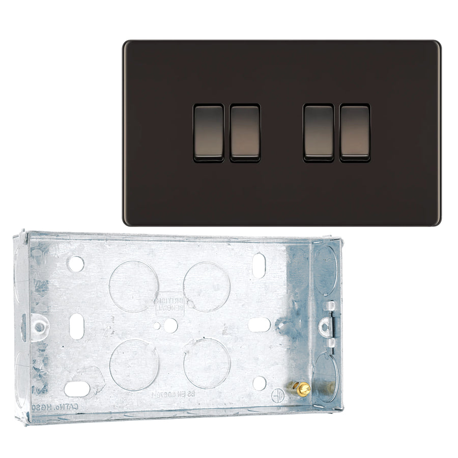 BG Screwless Black Nickel 20A 16AX 2 Way Quadruple Light Switch FBN44 with 25mm Steel Back Box