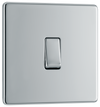 FPC13 Front - This Screwless Flat plate polished chrome finish 20A 16AX intermediate light switch from British General should be used as the middle switch when you need to operate one light from 3 different locations such as either end of a hallway and at the top of the stairs.