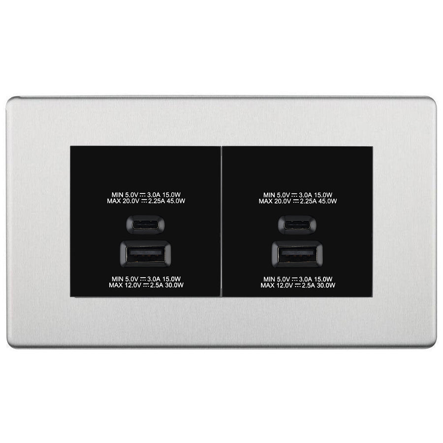 BG Screwless Brushed Steel 4G Faceplate with 45W USB A+C Charger Modules – Black Insert