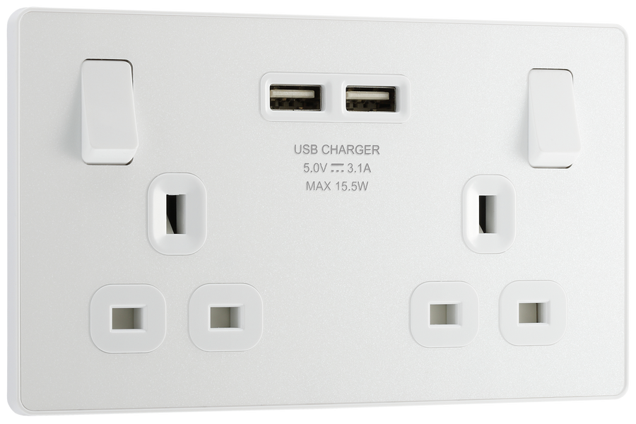 BG PCDCL22U3W Pearlescent White Evolve 2 Gang 13A 2x USB-A 3.1A Switched Socket Outlet - White Insert