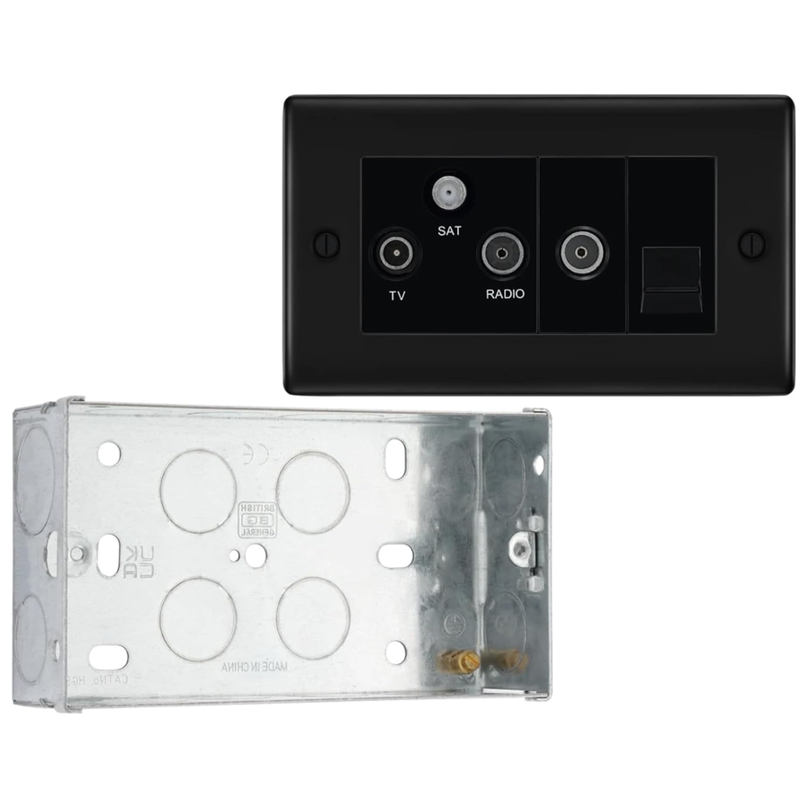 BG Nexus Matt Black Triplex TV/FM/Sat Socket + Return & Tel. NFB68 with 35mm Steel Back Box