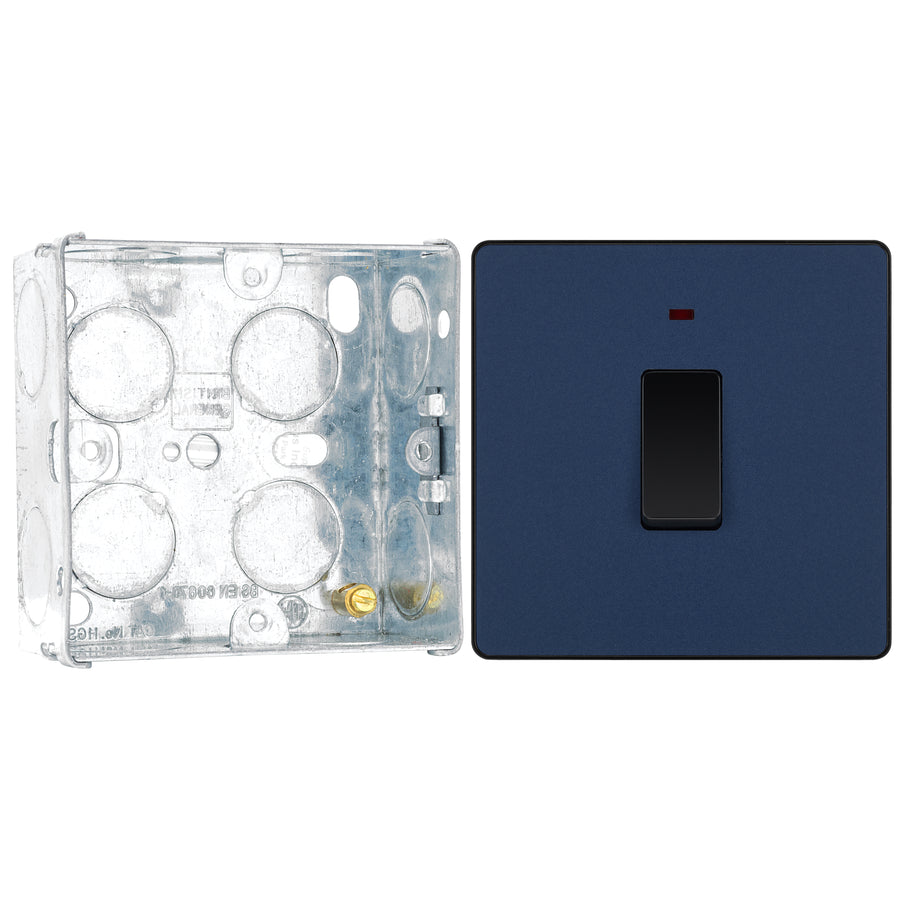 BG Evolve Matt Blue 20A Double Pole Switch with Neon PCDDB31B with 35mm Steel Back Box