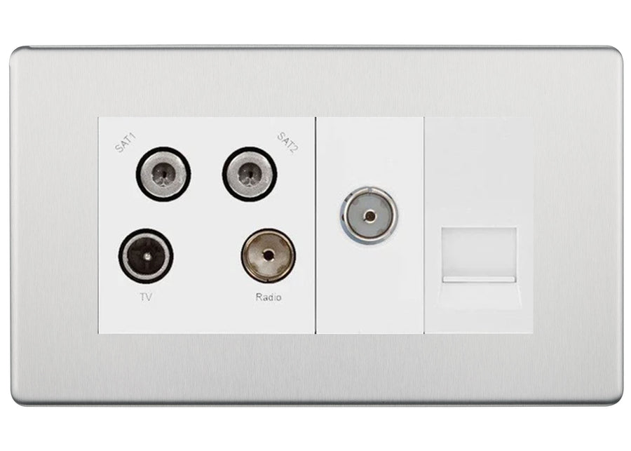 BG Screwless Brushed Steel Quadplex Combination TV Socket FBS69W