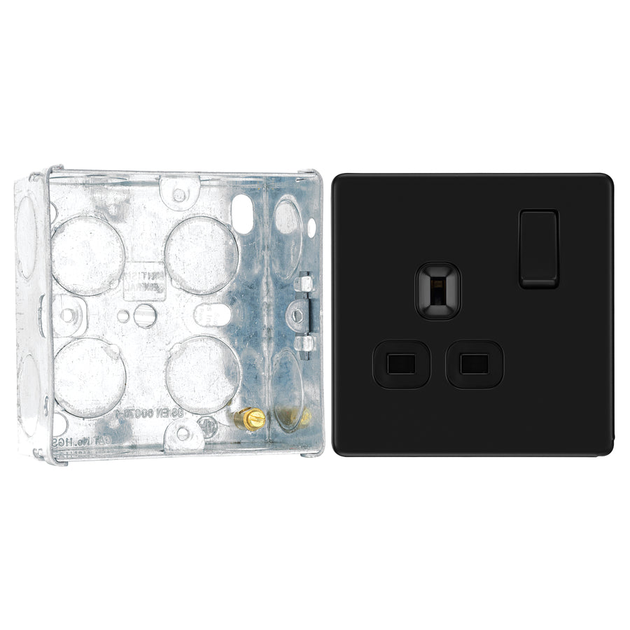 BG Screwless Matt Black 13A Single Socket FFB21B with 35mm Steel Back Box