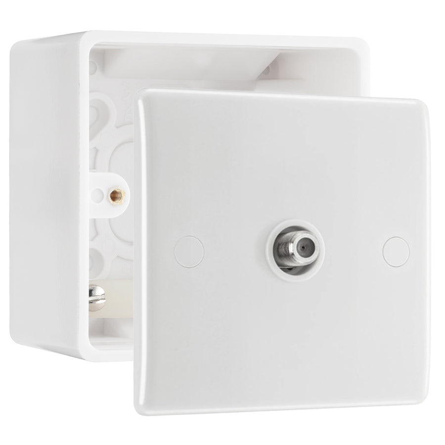 BG Electrical Single Satellite TV Socket Outlet White & 50mm Pattress Back Box