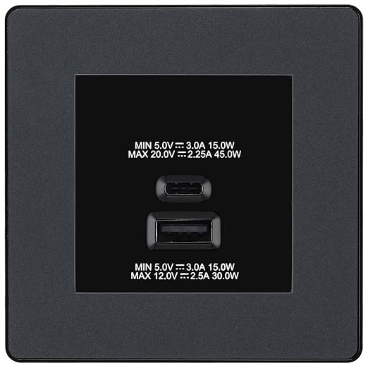 BG Evolve Matt Grey 45W USB Wall Socket Euro Module USB-A & C - Black Insert