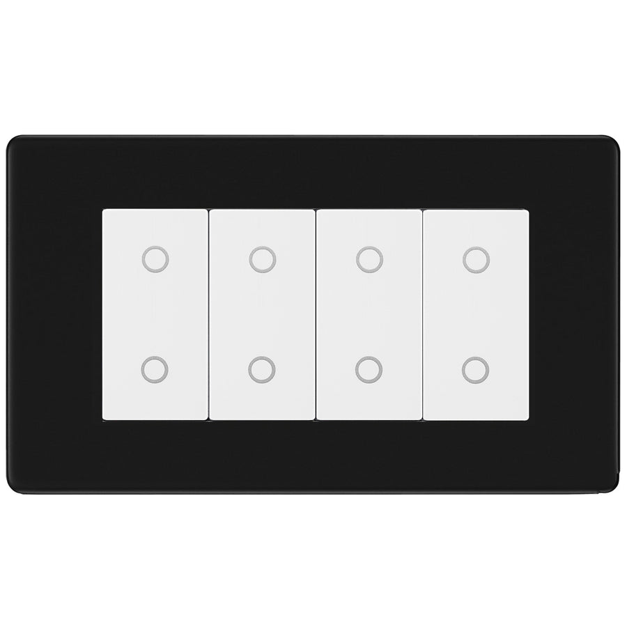 BG Nexus Screwless Matt Black Quad Secondary Touch Dimmer Switch White Inserts FFBTDS4W