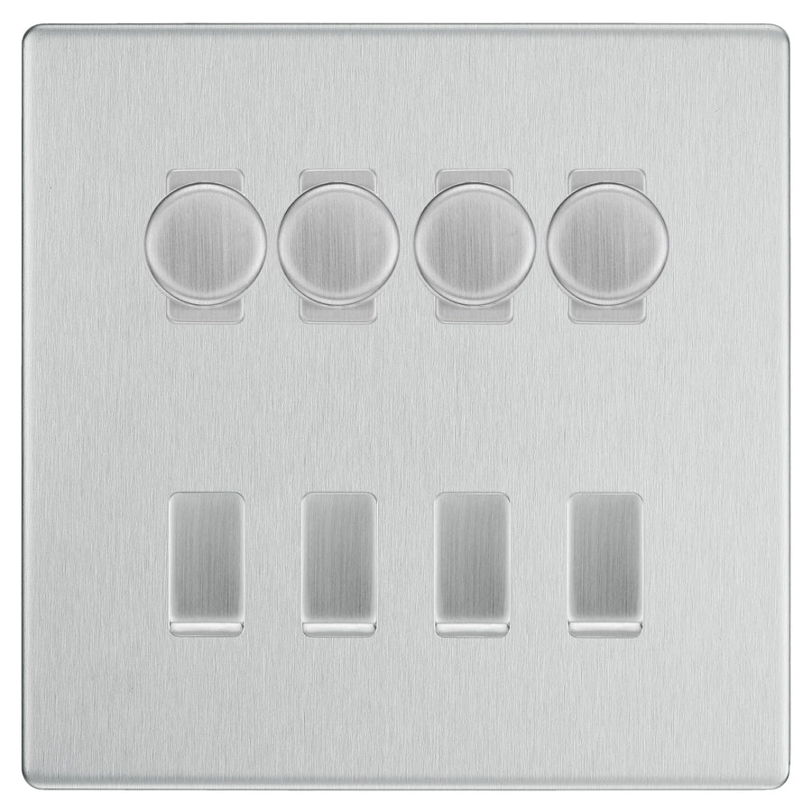 BG Screwless Brushed Steel 8 Gang Switch 4x Trailing Edge LED Dimmer 4x 2Way Custom Switch
