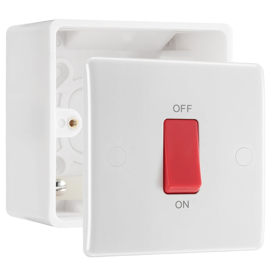 BG Nexus 1 Gang 45A 2 Pole Cooker Switch White & 50mm Pattress Back Box
