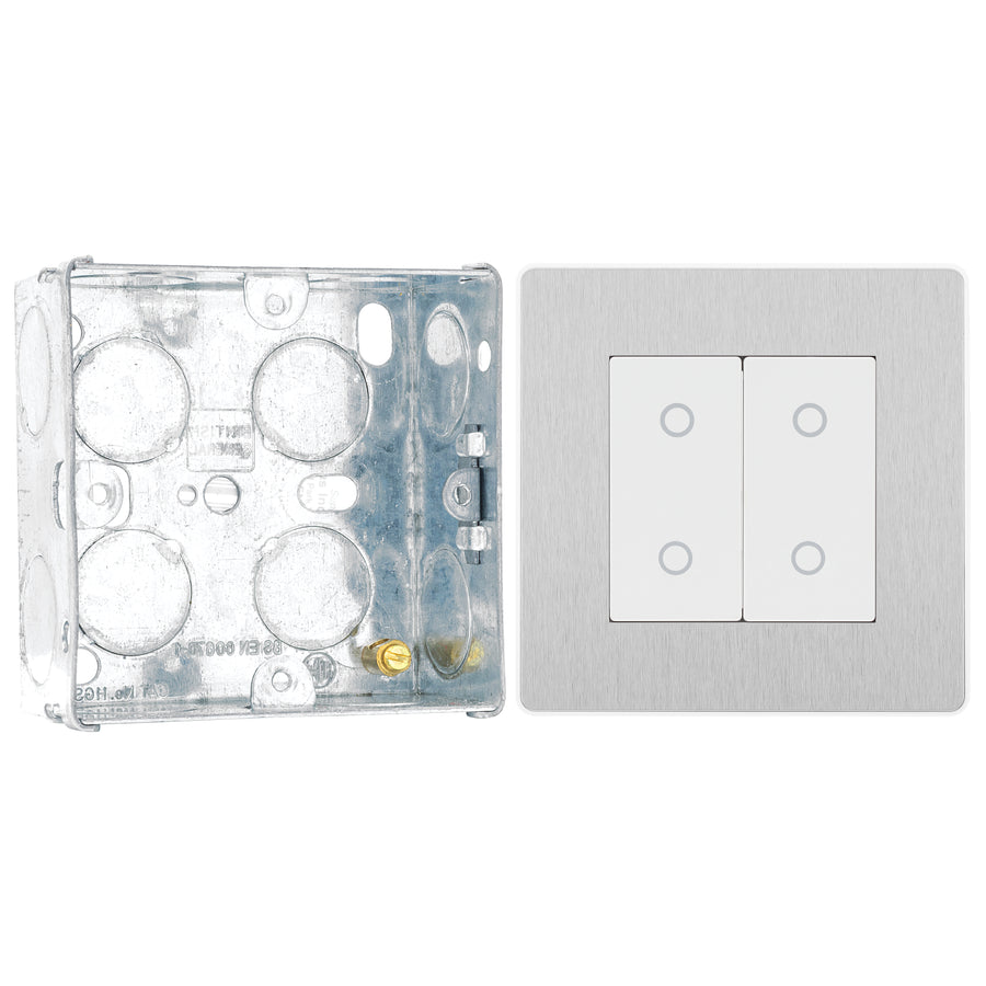BG Evolve Brushed Steel Double Master Touch Dimmer Switch PCDBSTDM2W with 35mm Steel Back Box
