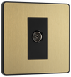 PCDSB60B Front - This Evolve Satin Brass single coaxial socket from British General can be used for TV or FM aerial connections. This socket has a low profile screwless flat plate that clips on and off, making it ideal for modern interiors.