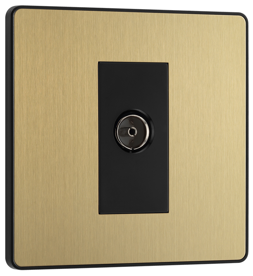 PCDSB60B Front - This Evolve Satin Brass single coaxial socket from British General can be used for TV or FM aerial connections. This socket has a low profile screwless flat plate that clips on and off, making it ideal for modern interiors.