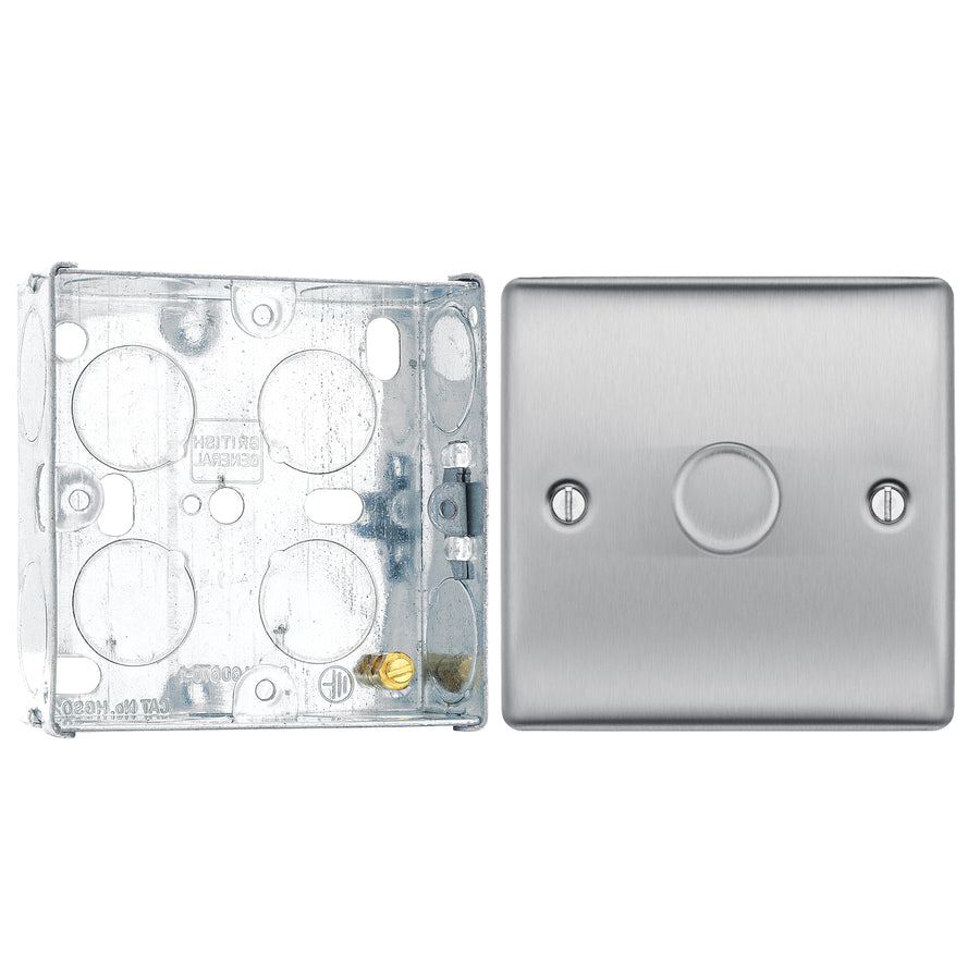 BG Nexus Brushed Steel 200W 2 Way Trailing Edge Single Dimmer Switch NBS81 with 25mm Steel Back Box