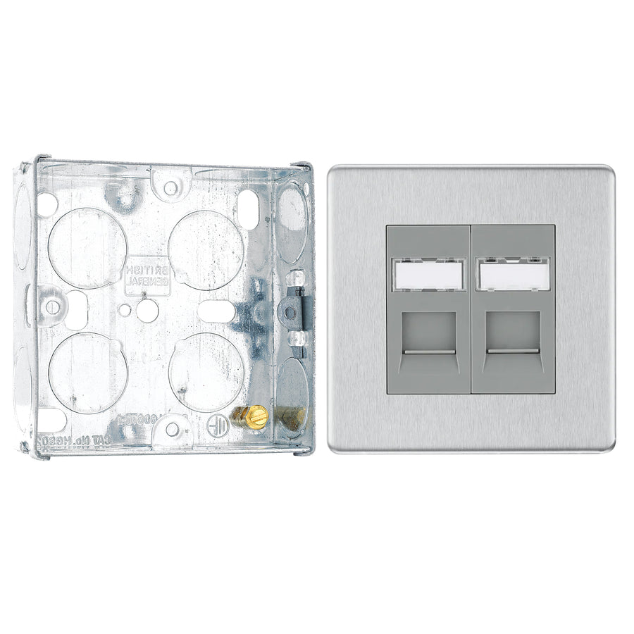 BG Screwless Brushed Steel 2 Gang RJ45 Double Data Outlet FBSRJ452 and 25mm Steel Back Box