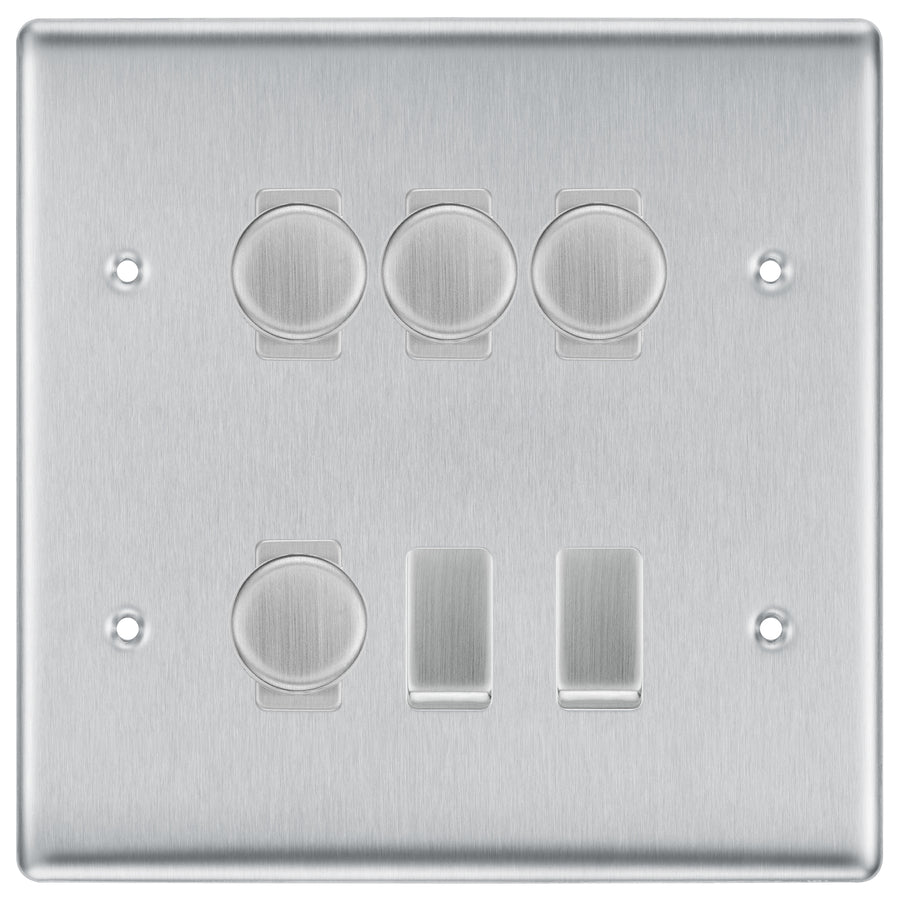 BG Nexus Brushed Steel 6 Gang Switch 4x Trailing Edge LED Dimmer 2x Intermediate Custom Grid Switch